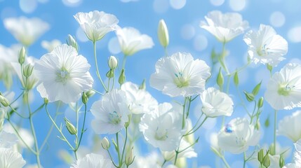   White flowers in clusters against a blue backdrop Light emanates from their center