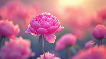   A pink flower blooms amidst a sea of similar flowers in a field, while the sun shines through scattering clouds in the backdrop - obrazy, fototapety, plakaty