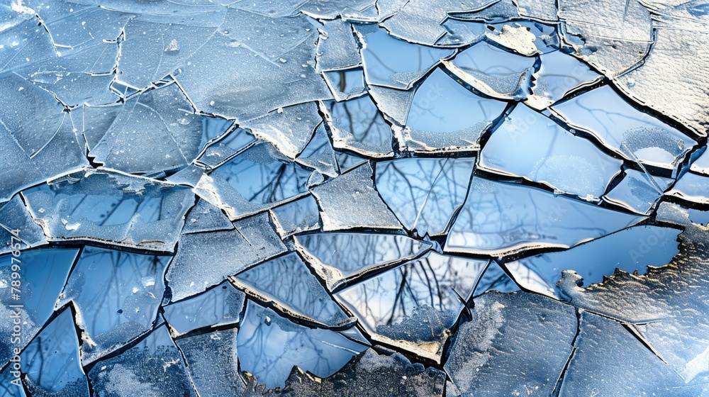 Wall mural Cracked ice on the frozen lake. Selective focus.