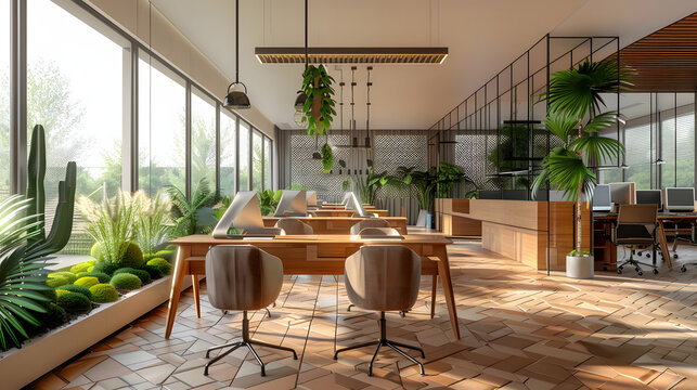 3D representation of a modern open workspace interior with an attractive polygonal design and brown furniture. The room features bay windows. laminate flooring
