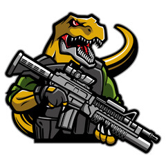 Military angry raptor with machine gun, vector, logo, cartoon, illustration, mascot, character