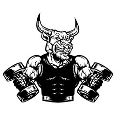 Muscular angry bull bodybuilder with dumbbells, vector, logo, cartoon, illustration, mascot, character