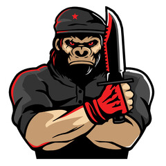Military angry gorilla guerrilla with dagger, vector, logo, cartoon, illustration, mascot, character