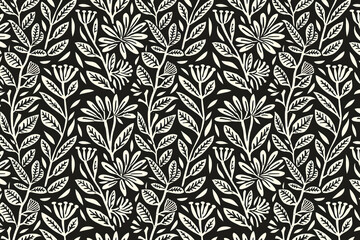 Toile pattern tapestry. Linocut print. Monochrome botanical pattern background. Created with Generative AI technology.