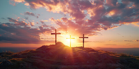 Three crosses on the top of the mountain at sunrise
