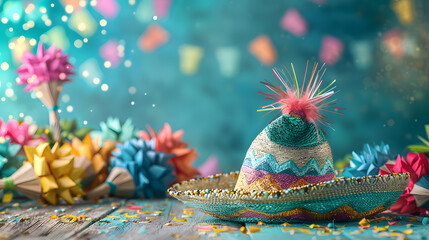 A aquamarine crystal Cinco de Mayo sombrero made of geometric shapes stands on the terrace. surrounded by colorful pinatas. The background is teal with a soft gradient effect. 