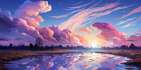 Vector evening sky clouds. Anime clean style.
