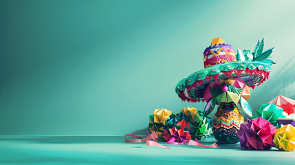 A aquamarine crystal Cinco de Mayo sombrero made of geometric shapes stands on the terrace. surrounded by colorful pinatas. The background is teal with a soft gradient effect. 
