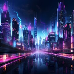 Cyberpunk Cityscape: Futuristic city skyline with neon lights and skyscrapers