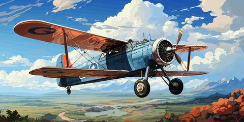 vector illustration of the clouds image with a biplane flying in the blue sky vector - obrazy, fototapety, plakaty