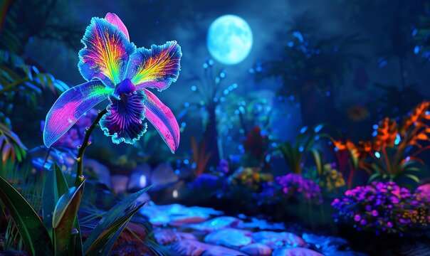 Capture a stunning long shot of a mystical, neon-colored orchid blooming in a moonlit garden using watercolor