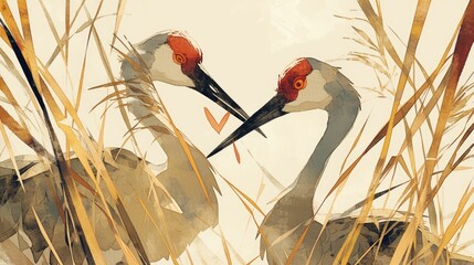Naklejka premium A charming illustration featuring a pair of sandhill cranes among cattails perfect for celebrating Valentine s Day