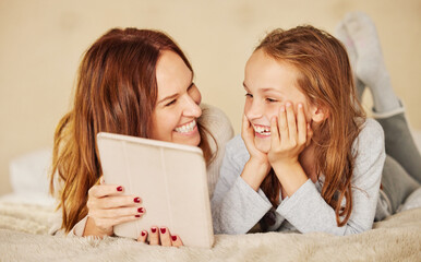Mother, girl and tablet to play game in home, internet and social media for meme or online joke....