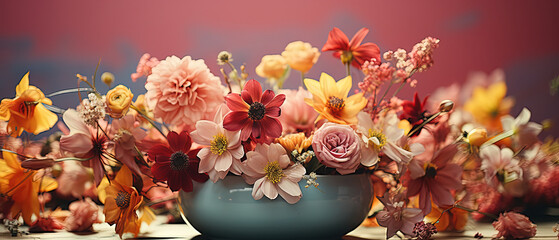 a vase of flowers sitting on a table with a red background