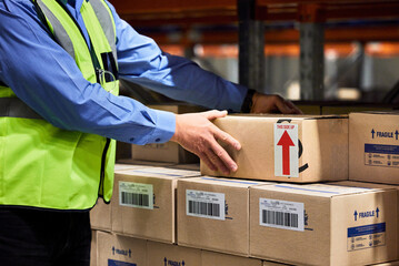 Warehouse, manager and box with stock, label and package for logistics and cargo export. Person,...