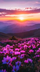 Sunset Over a Blooming Purple Mountain Meadow During Springtime