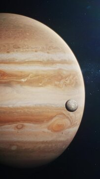 Cinematic 3D graphics of Jupiter and its moon Io, Europa, Ganymede or Callisto spinning in dark outer space under sun rays. Stars and galaxies on background. Solar system planet. Vertical shot