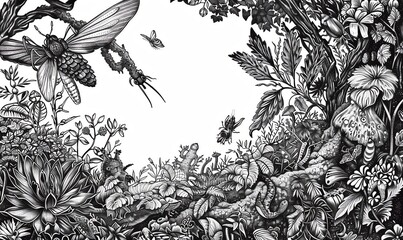 Capture the essence of a secret garden teeming with rare botanical wonders and fantastical creatures in a detailed pen and ink drawing, showcasing the intricate beauty of each element