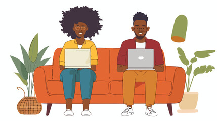 Young afro American man and woman sitting on the couch