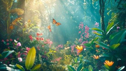 Fototapeta na wymiar The beautiful wildflowers and tropical forest with butterflies