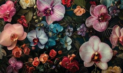 Capture the ethereal beauty of exquisite floral rarities from a birds-eye view using vibrant watercolors and intricate pen and ink details - obrazy, fototapety, plakaty