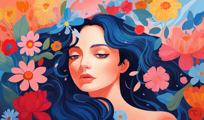 Woman with flower colorful illustration background mental health lifestyle selfcare concept