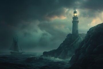 Bring the beauty of maritime exploration to life with a digital rendering technique Show a minimalist, eye-level view of a lighthouse guiding ships in the dark, utilizing photorealistic details to enh - obrazy, fototapety, plakaty