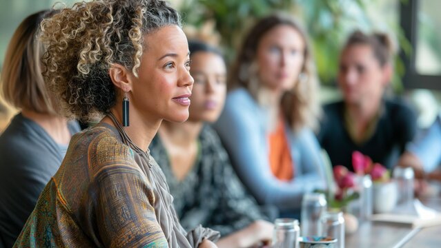 Women participants engaged in a wellness seminar sharing insights and experiences