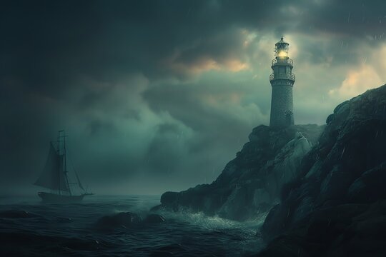Bring the beauty of maritime exploration to life with a digital rendering technique Show a minimalist, eye-level view of a lighthouse guiding ships in the dark, utilizing photorealistic details to enh