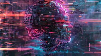 Capture a pixel art illustration of a holographic brain interface merging with AI, using glitch art effects to symbolize consciousness expansion