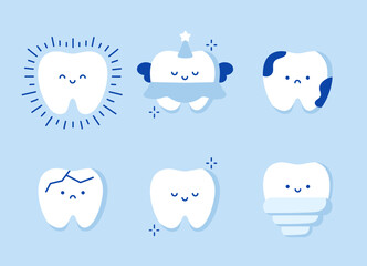 Set of cute little teeth on blue background. Tooth character set cartoon. Cute tooth emoticon characters. Treatment and oral dental hygiene, dental care concept. Implant, cleaning