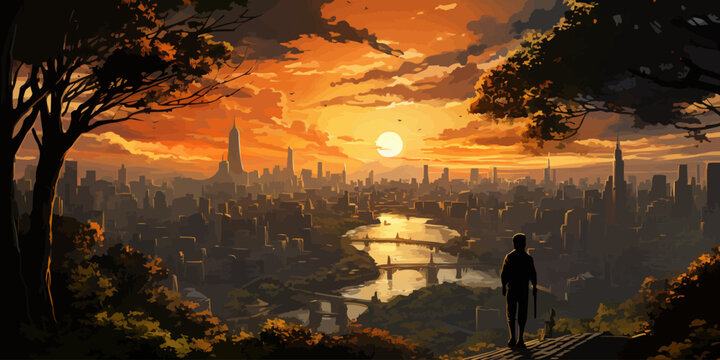 young man standing in the overgrown city at sunset, digital art style, illustration painting