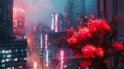 Capture a futuristic robot delivering a bouquet of neon flowers amidst skyscrapers at dusk, using photorealistic digital rendering techniques