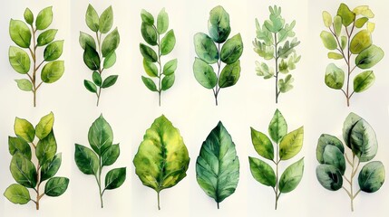 This abstract foliage wall art set features leaves, organic shapes, green tones, leaf branches, and trees. It can be used for interior, poster, cover, or banner decoration. - obrazy, fototapety, plakaty