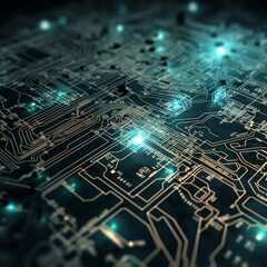 Close-up of a circuit board with glowing connections resembling a city map, abstract technology background