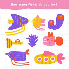 Learn ocean life game for kids. Cute hand drawn doodle funny underwater, sea puzzle with fish, coral reef, submarine, sea plant. Educational worksheet, mind task, riddle, strategy quiz, mental teaser,