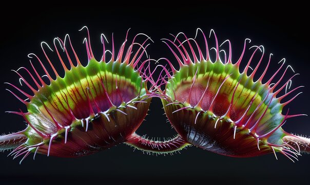 Capture the frontal view of a mesmerizing, rare Venus flytrap in intricate detail using colorful watercolors Convey its uniqueness through vivid hues and stunning precision