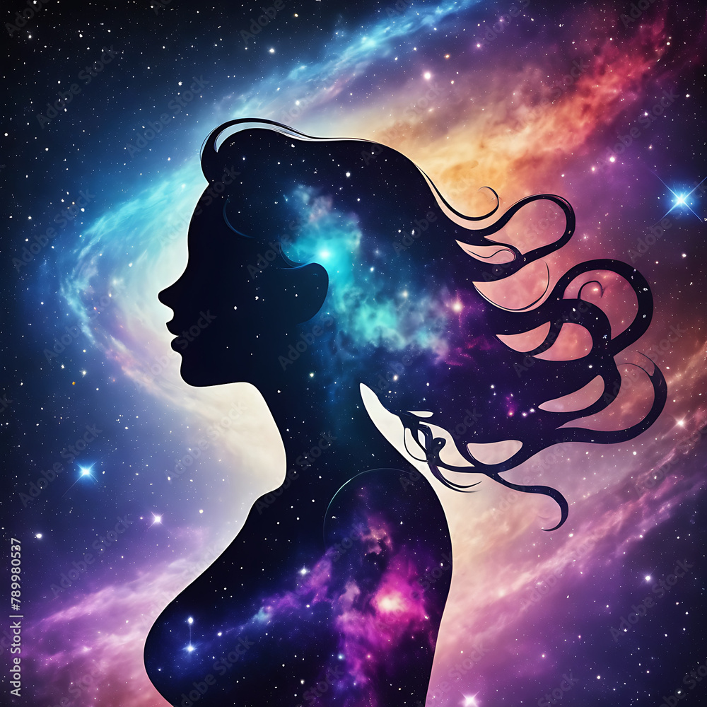 Wall mural universe meta human goddess spirit silhouette on galaxy space background new quality colorful