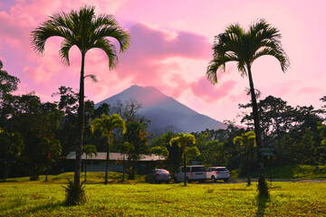 Wulkan Arenal i palmy - La Fortuna, Kostaryka - obrazy, fototapety, plakaty