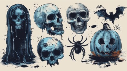 In this set, you'll find Halloween themed symbols including a speech bubble, a bone, a spider, a skull, a pumpkin, and spray textures for decoration, street art, and halloween. - obrazy, fototapety, plakaty