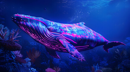 A blue whale with glowing pink and purple stripes swimming in the deep ocean. surrounded by coral reefs illuminated from above. The scene is captured in a hyperrealistic style