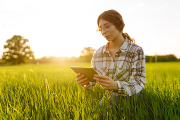 Young Woman Farmer on a green wheat field with a tablet in his hands. Smart farm. The concept of the agricultural business.