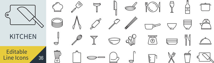 線の編集ができるベクターのキッチンの線画アイコンセット（アウトライン化していない）