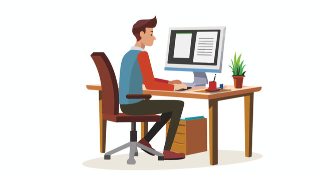 Young man working at his office. Vector flat style 