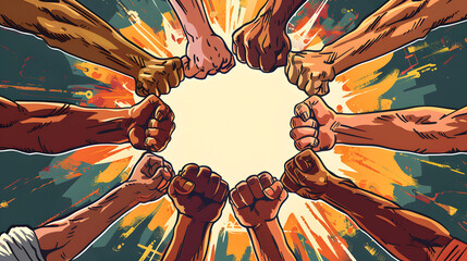 A bunch of fists worked in unison in a team concept. office colleagues discussed on innovation strategies and bolstered success with diverse business humans acclaiming to form a round.  - obrazy, fototapety, plakaty