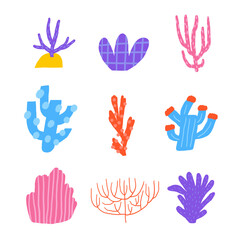 Fototapeta premium Cute underwater postcard with funny hand drawn doodle coral, sponge, sea weed, sea plant. Sea, ocean bottom reef cover, template, banner, poster, print. Cartoon style background for kids