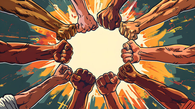 A bunch of fists worked in unison in a team concept. office colleagues discussed on innovation strategies and bolstered success with diverse business humans acclaiming to form a round. 