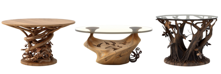 set of different wooden coffee tables featuring sculpted tree trunk bases entwined, isolated on transparent background