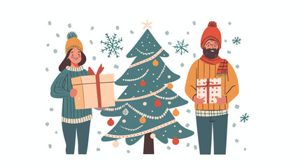 Young woman and man hold gifts boxes. Christmas tree.