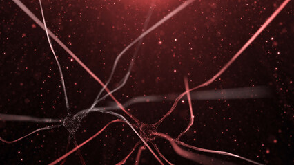 Abstract red coloured neuron cells in the brain on artistic dark blurry cyber space illustration background. - 789982121